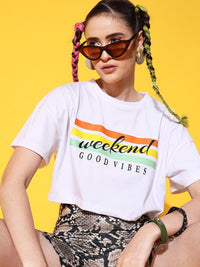 STREET 9 Women White Printed Cotton Drop-Shoulder Sleeves Bio Finish T-shirt