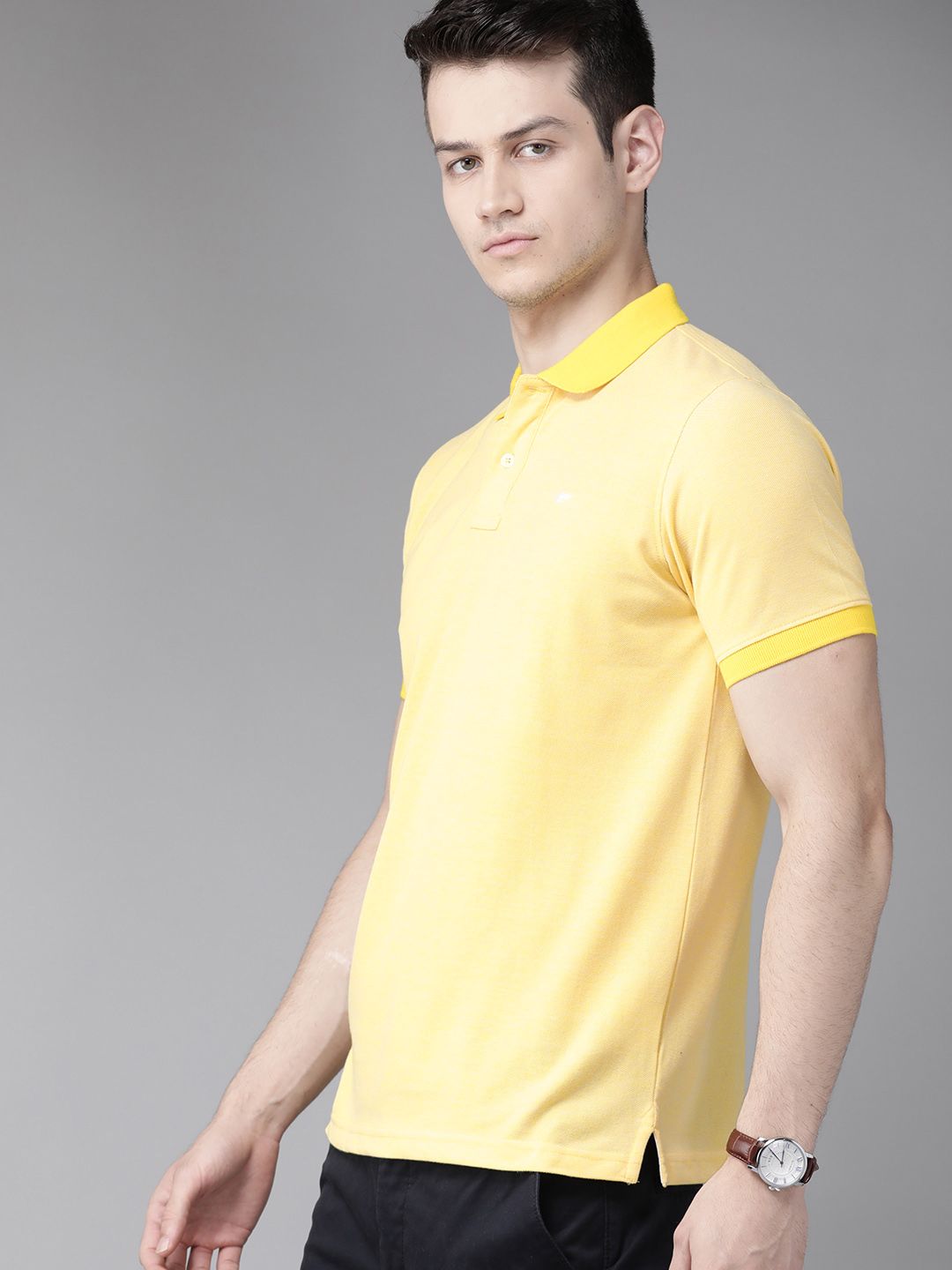 Park Avenue Men Yellow Solid Polo Collar Slim Fit T-shirt