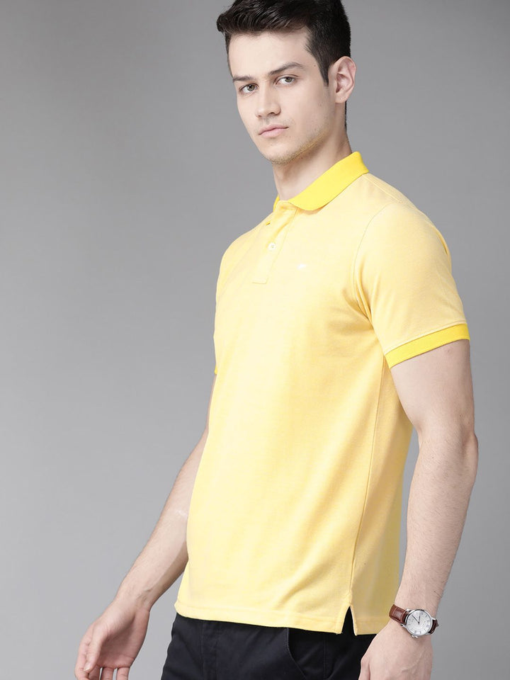 Park Avenue Men Yellow Solid Polo Collar Slim Fit T-shirt