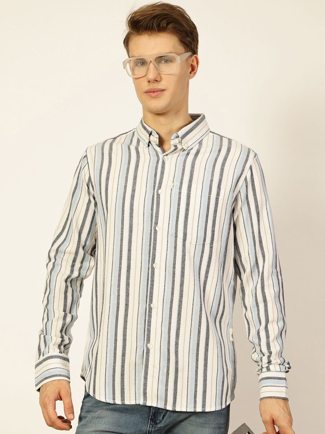 Thomas Scott Men Premium Button-Down Collar Vertical Striped Cotton Slim Fit Casual Shirt