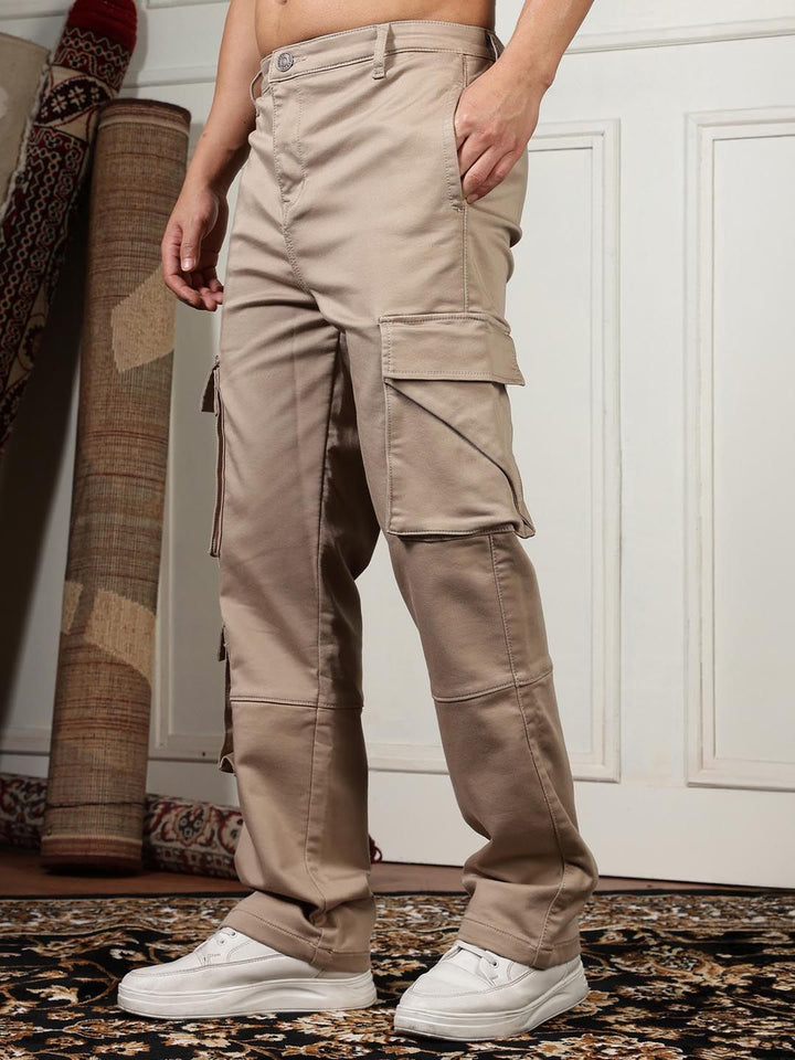 Eszett Men Cream High-Rise Easy Wash Cotton Cargos Seluar Biasa Fit