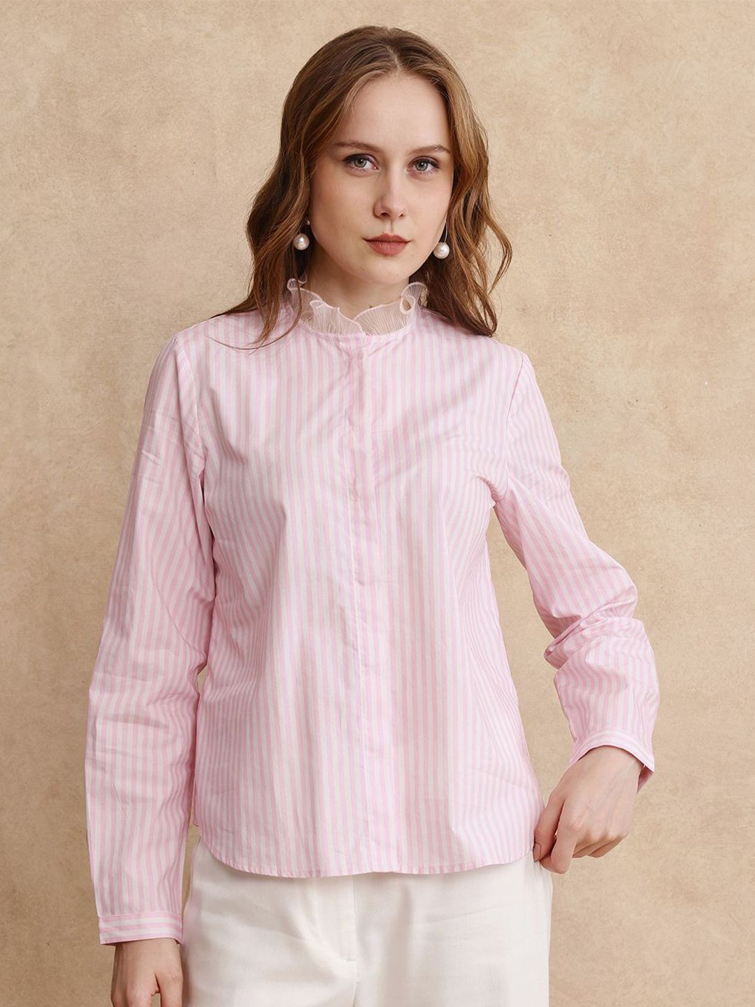 RAREISM Women Comfort Mandarin Collar Vertical Striped Cotton Casual Shirt