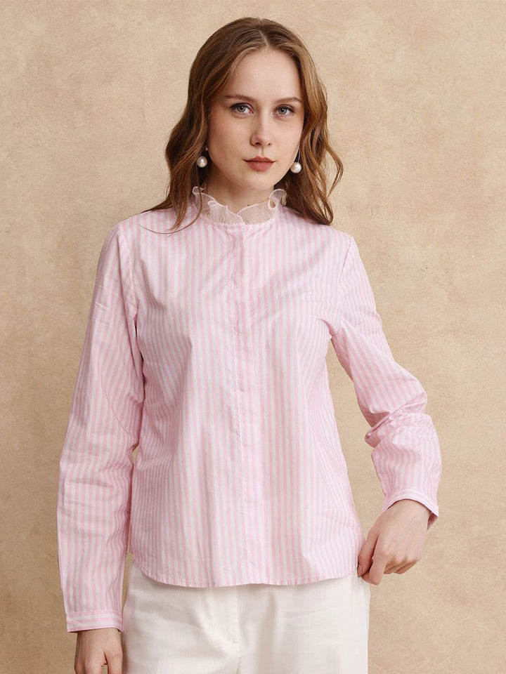 RAREISM Women Comfort Mandarin Collar Vertical Striped Cotton Casual Shirt