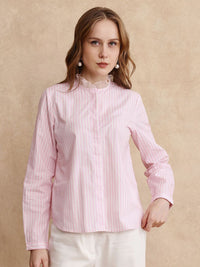 RAREISM Women Comfort Mandarin Collar Vertical Striped Cotton Casual Shirt