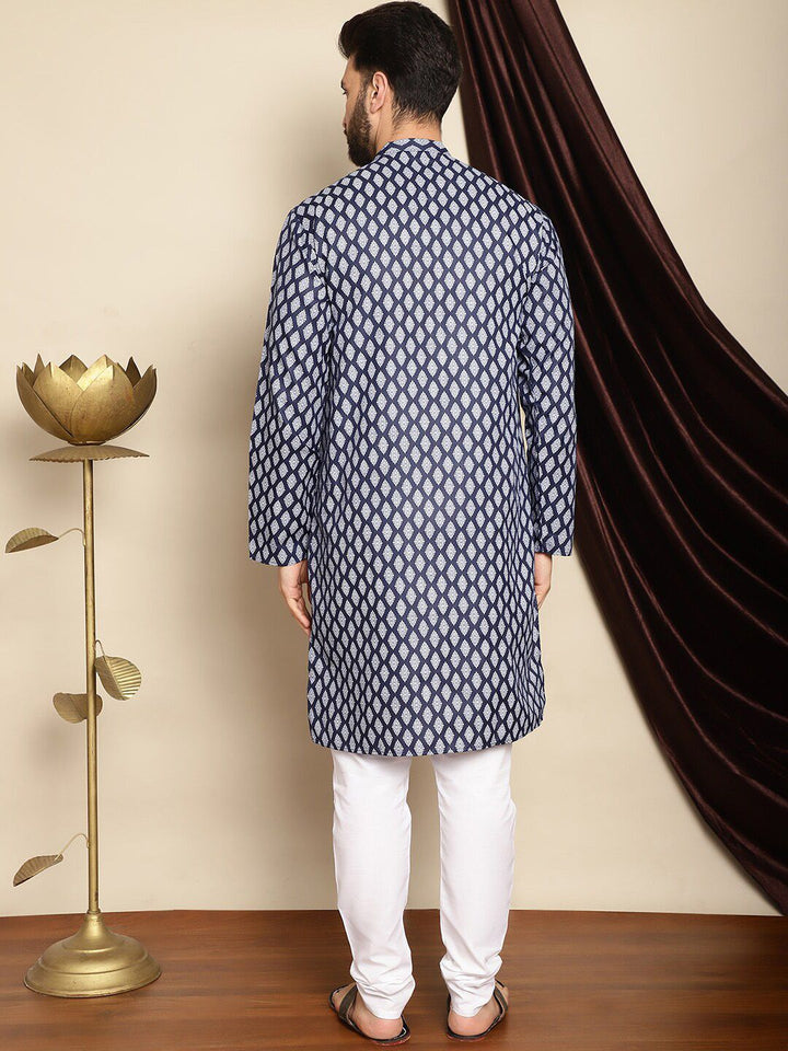 Anouk Navy Blue Bandhani Printed Mandarin Collar Straight Kurta With Churidar
