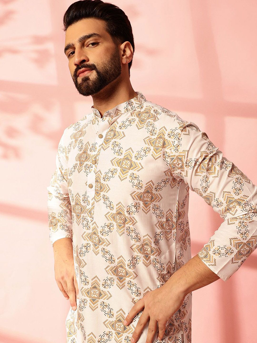 Anouk Geometric Printed Mandarin Collar Cotton Linen Kurta Lurus