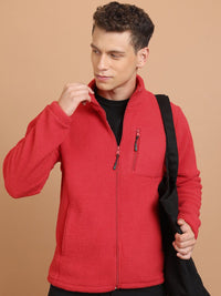 HIGHLANDER Red Mock Collar Front-Open Sweatshirt