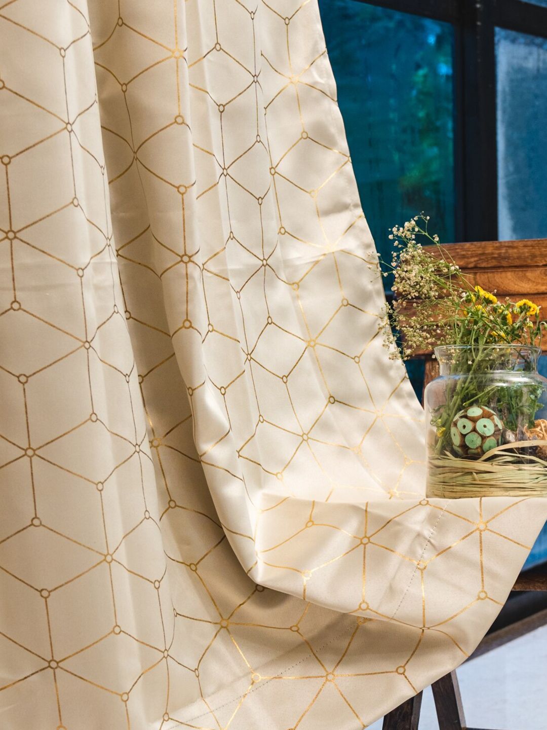URBAN SPACE Gold Foil Beige & Gold-Toned Geometric Black Out Cotton Window Curtain