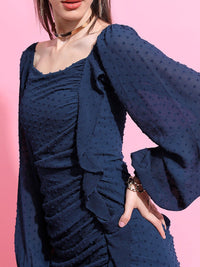 Tokyo Talkies Navy Blue Square Neck Long Puff Sleeves Ruffled Ruched Sheath Dress