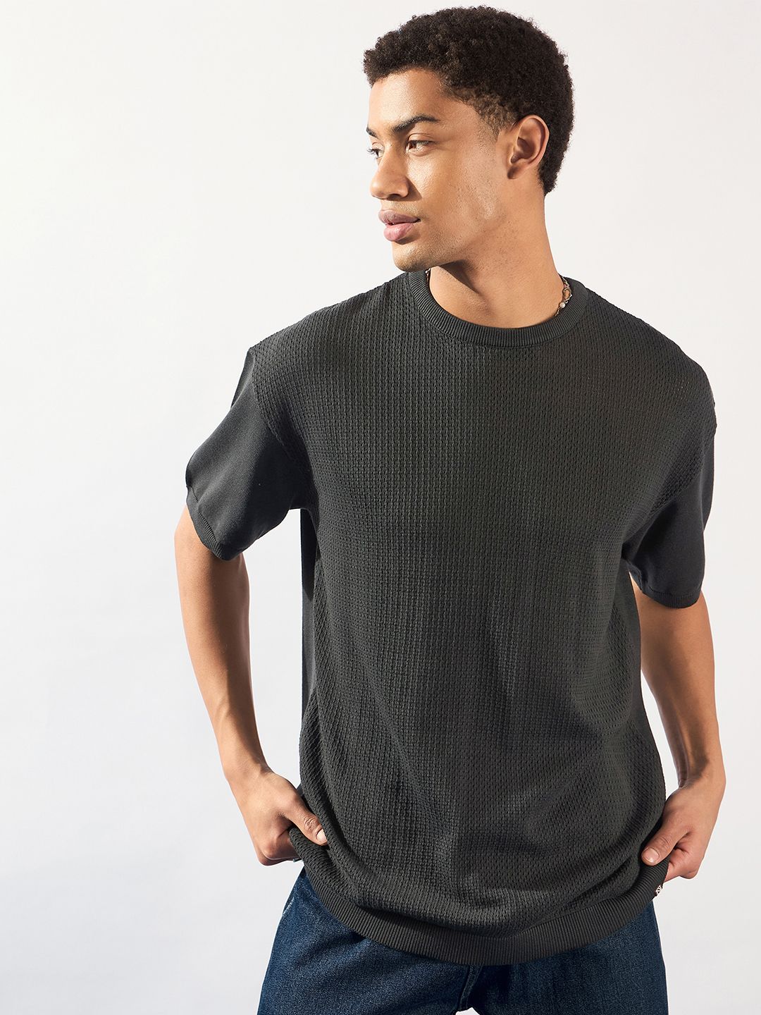 DENNISON Men Oversized Round Neck Knitted T-Shirt