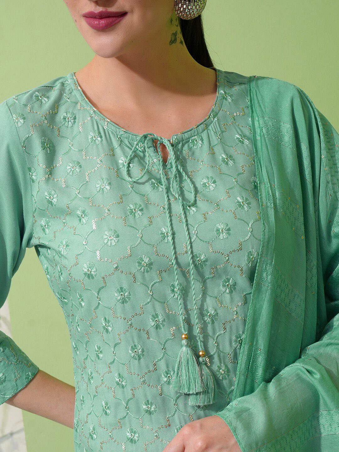 Vishudh Green Embroidered Tie-Up Neck Straight Kurta With Trousers & Dupatta