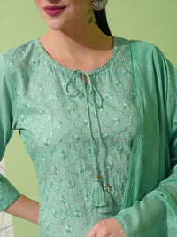 Vishudh Green Embroidered Tie-Up Neck Straight Kurta With Trousers & Dupatta