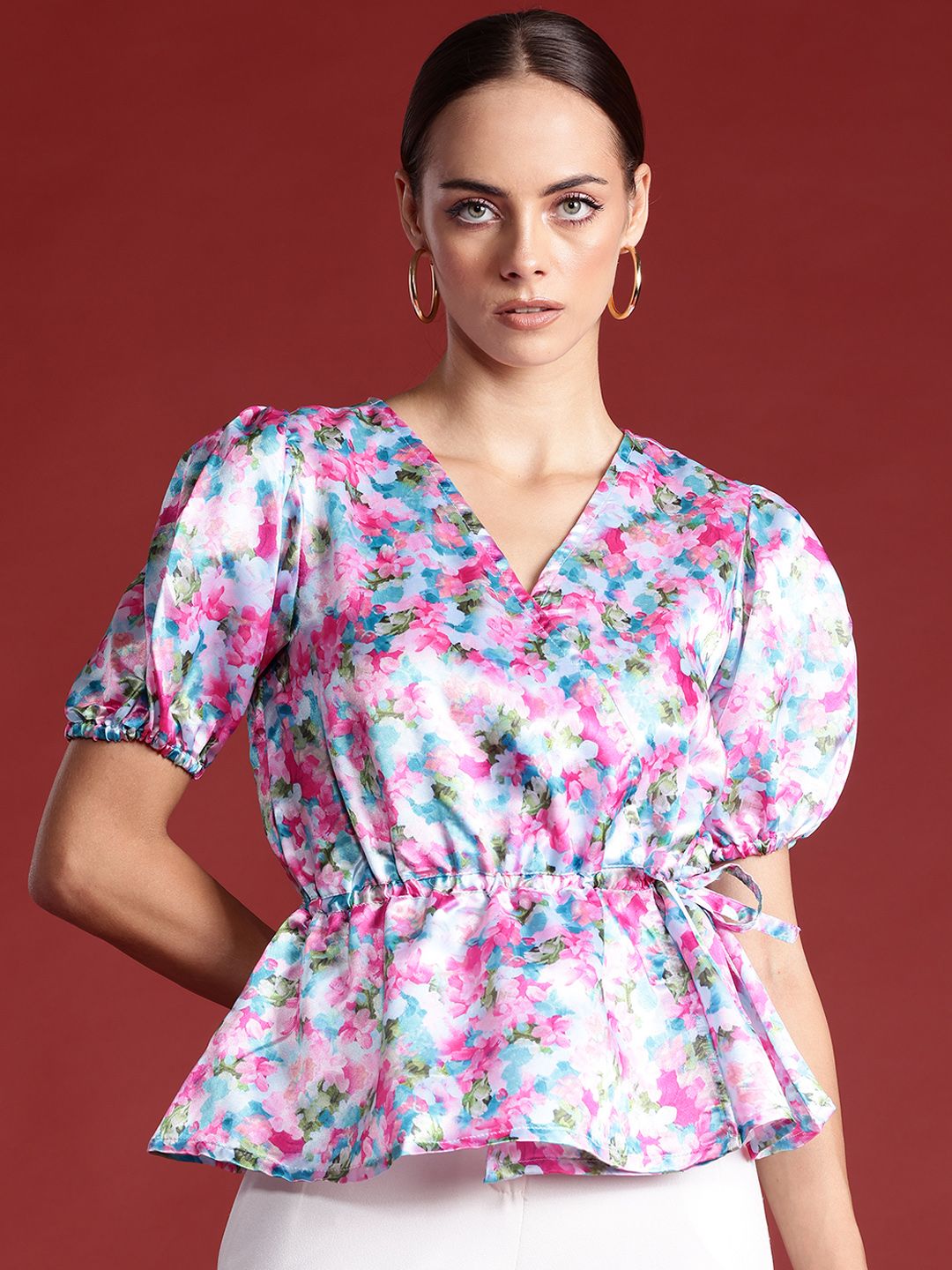 all about you Floral Print Puff Sleeve Cinched Waist Top