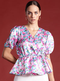 all about you Floral Print Puff Sleeve Cinched Waist Top