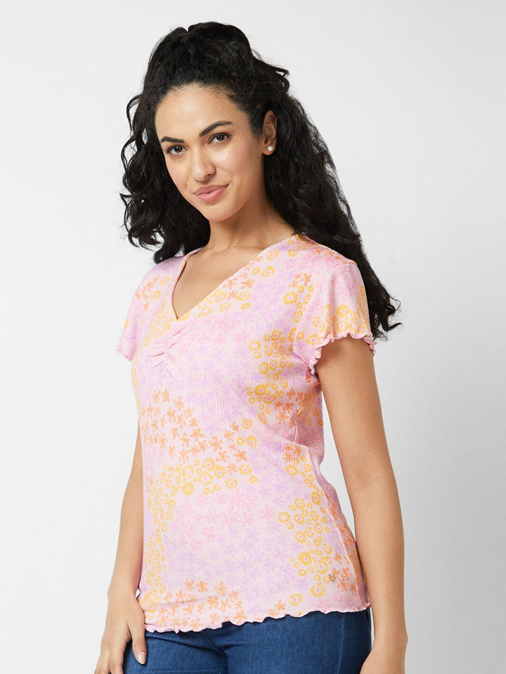 SPYKAR Floral Printed V-Neck Cotton Slim Fit T-shirt