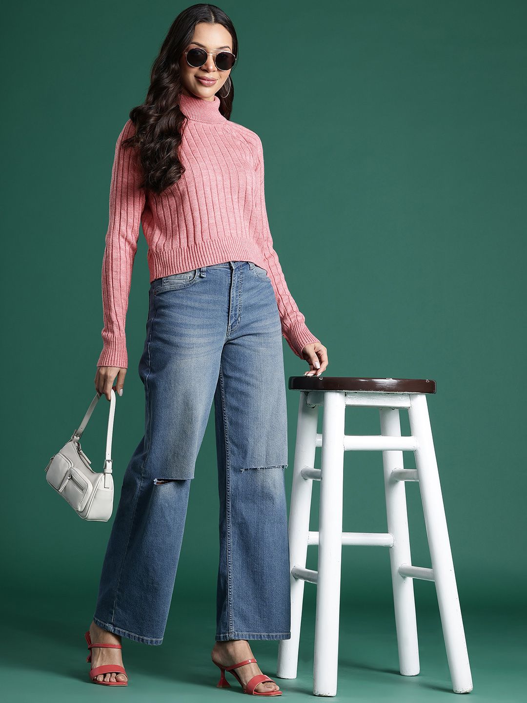DressBerry Ribbed Acrylic Turtle Neck Pullover