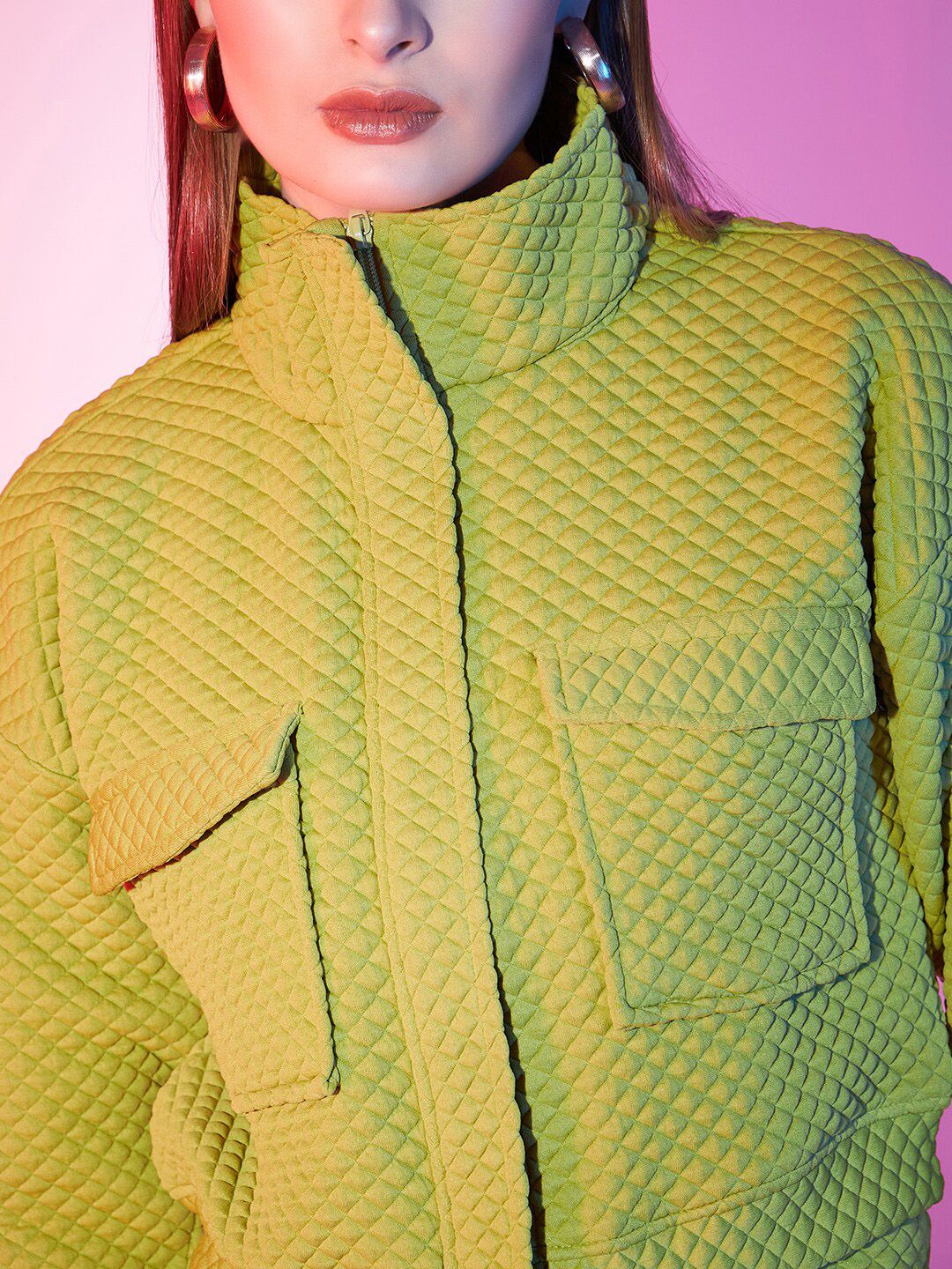 STREET 9 Green Self Design Crop Bomber Jacket