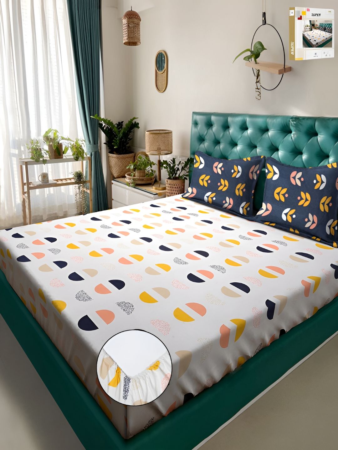 KLOTTHE White & Yellow Geometric Fitted 300TC Double King Cadar 2 Sarung Bantal