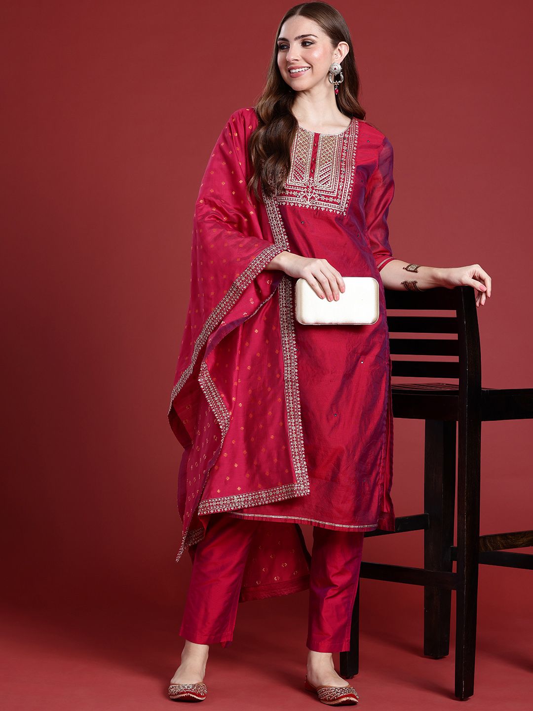 Anouk Women Ethnic Motifs Zari Work Yoke Design Regular Kurta With Trousers & Dupatta