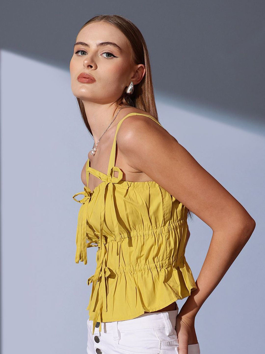 STREET 9 Sleeveless Pure Cotton Cinched Waist Crop Top