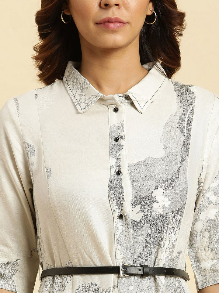 W Abstract Printed Belted Detailed Shirt Collar Shirt Style Dress