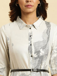 W Abstract Printed Belted Detailed Shirt Collar Shirt Style Dress