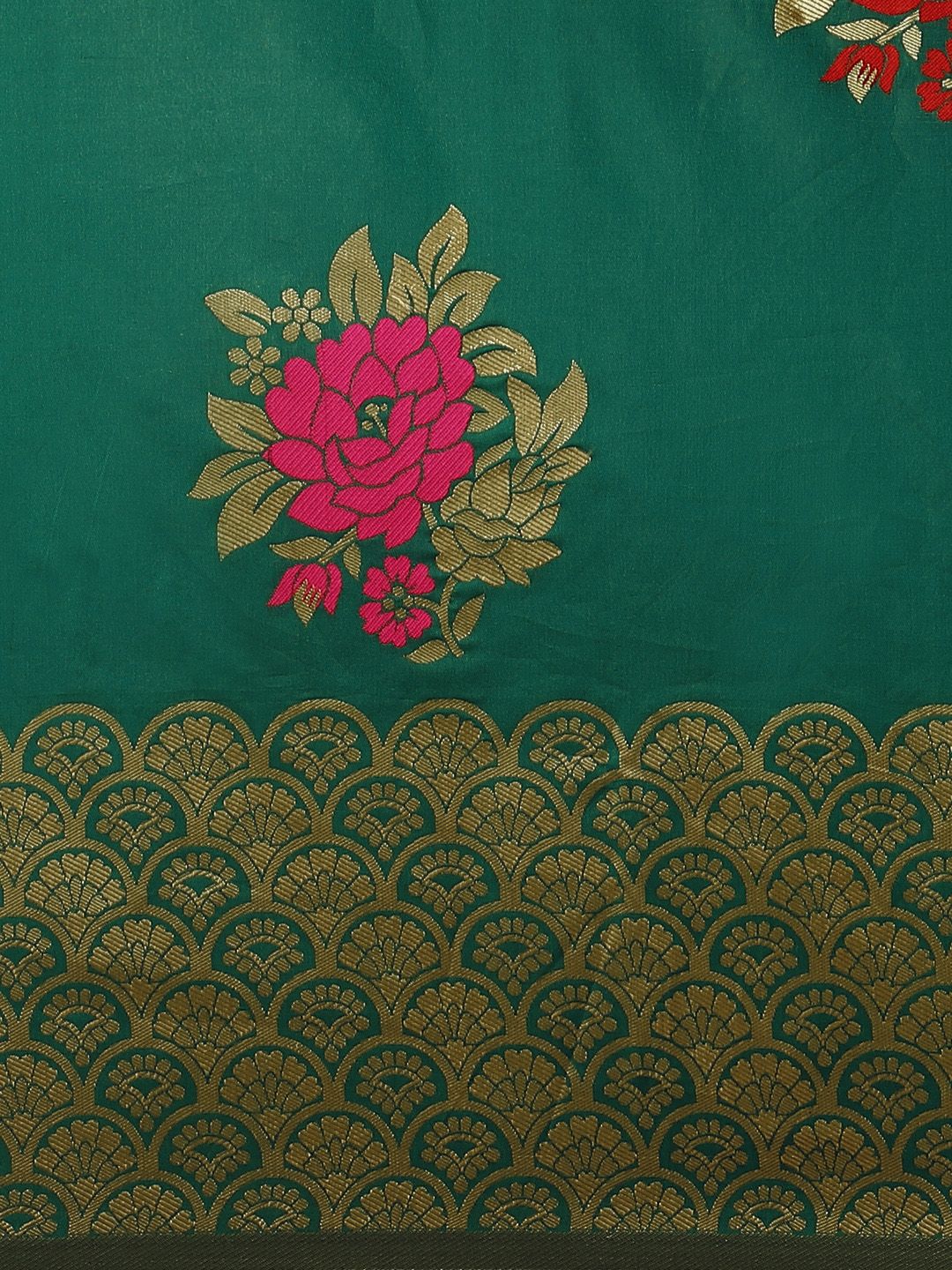 Saree mall Green & Golden Floral Woven Design Banarasi Saree