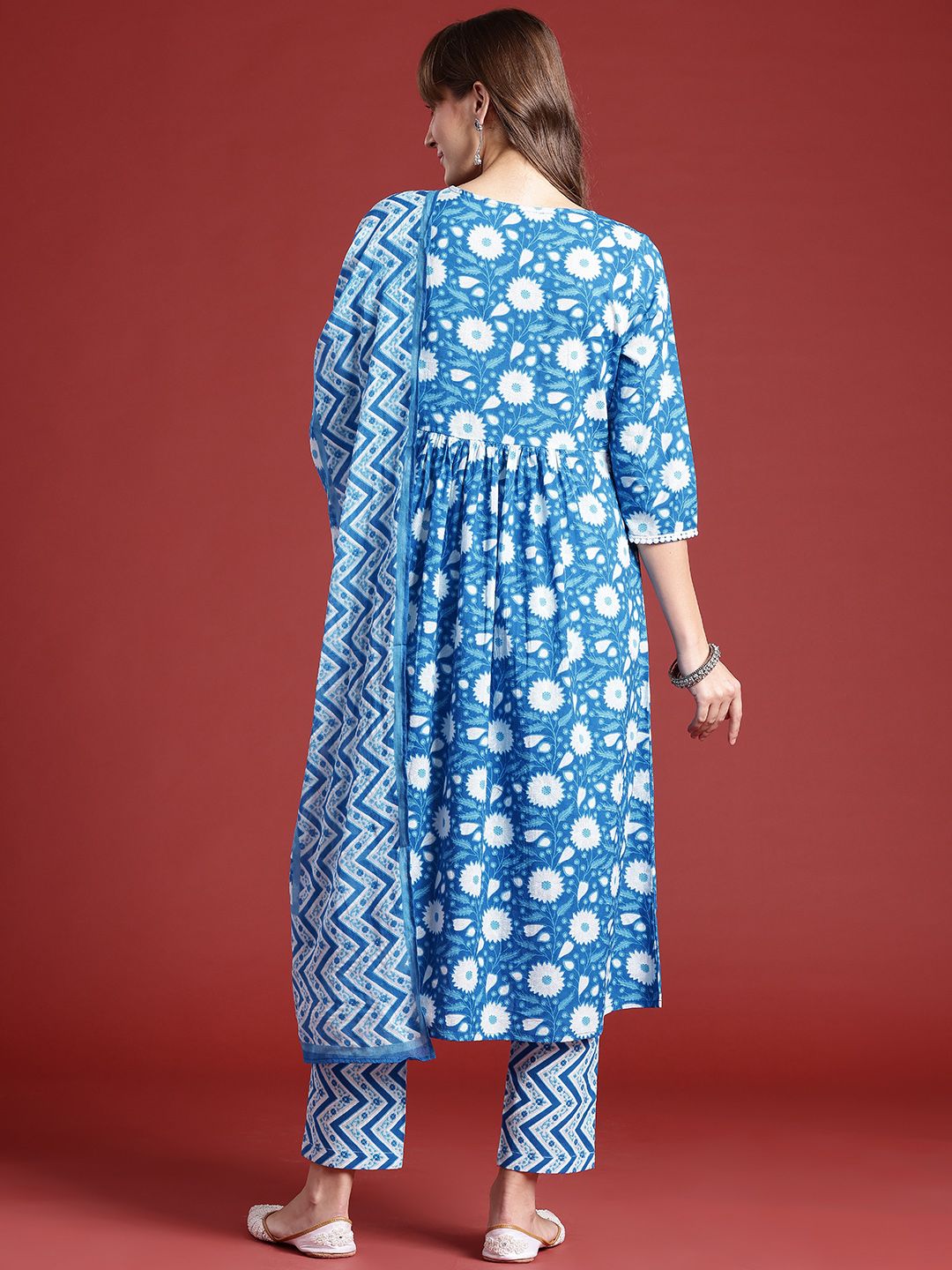 Anouk Floral Print Pleated Thread Work Kurta with Trousers & Dupatta