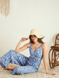Berrylush Blue Floral Printed Shoulder Straps Jumpsuit