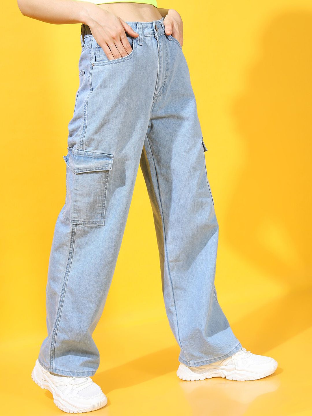 Tokyo Talkies Women Blue Clean look Flared Cargo Jeans