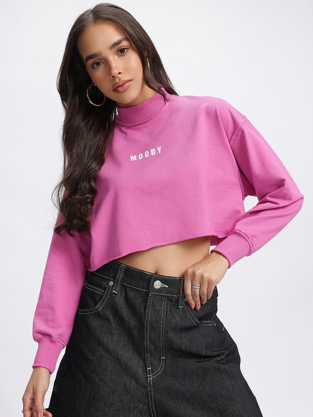 DressBerry Turtle Neck Drop-Shoulder Crop Sweatshirt