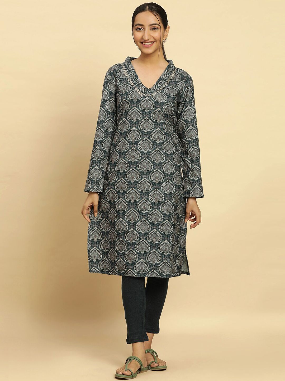 W Ethnic Motifs Printed V-Neck Kurta