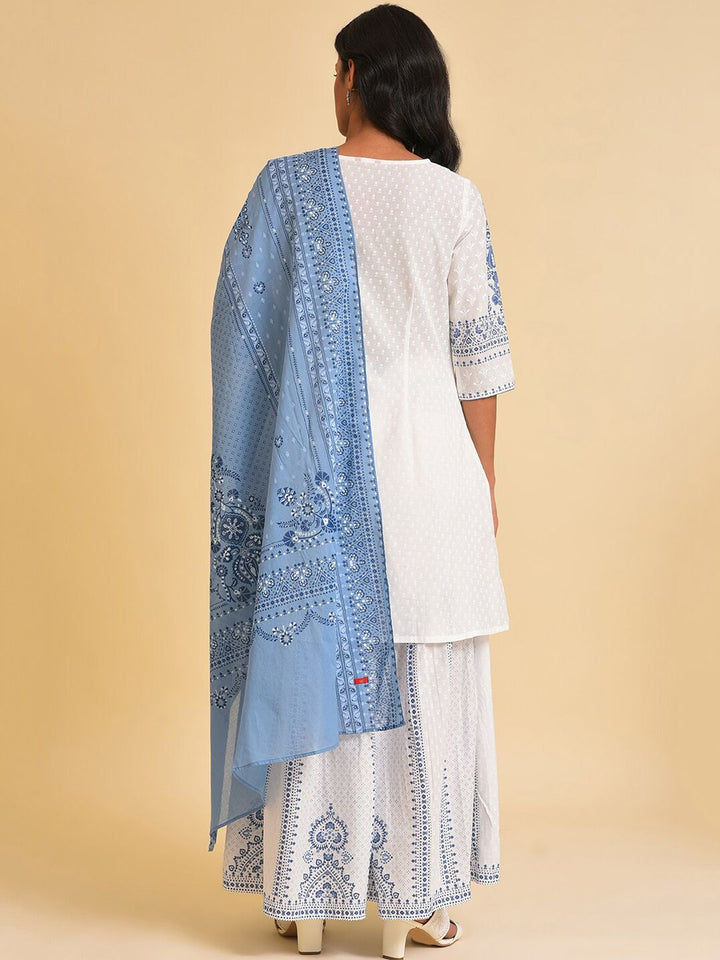 W White Floral Printed Pure Cotton Kurta with Sharara & With Dupatta