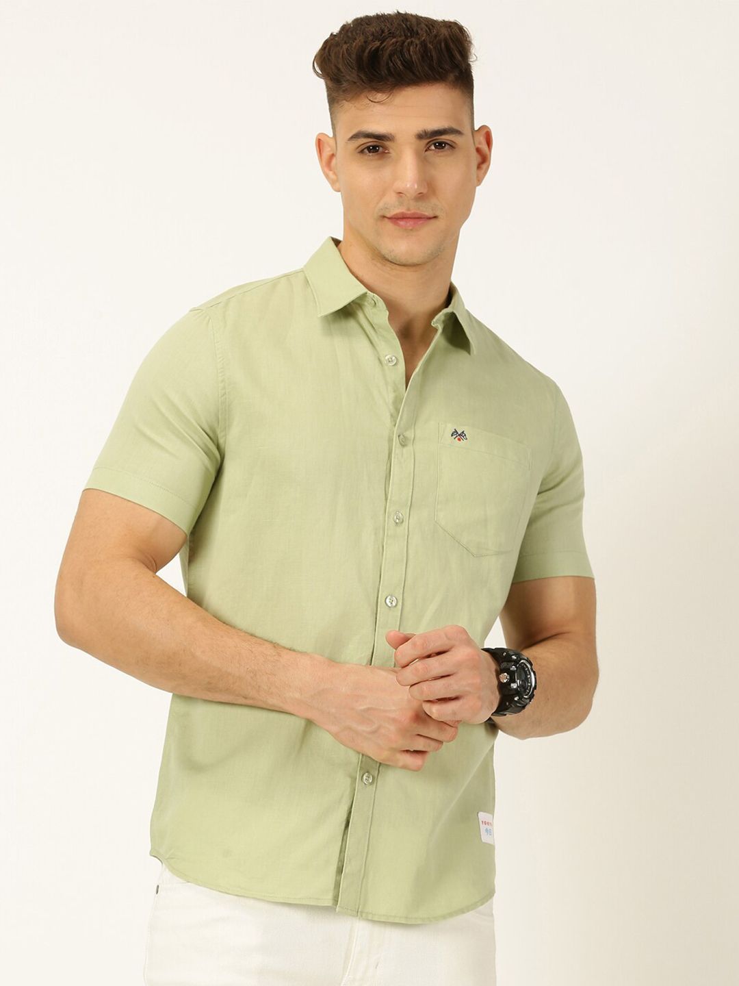 Thomas Scott Classic Cotton Linen Slim Fit Short Sleeves Casual Shirt