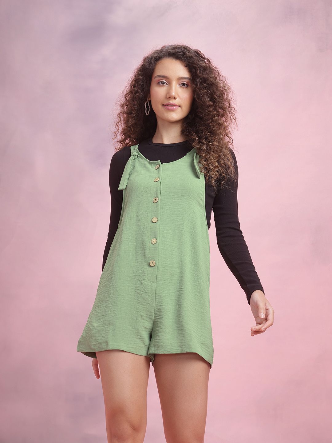 DressBerry Crinkled Effect Shoulder Straps Playsuit with Mock Buttons