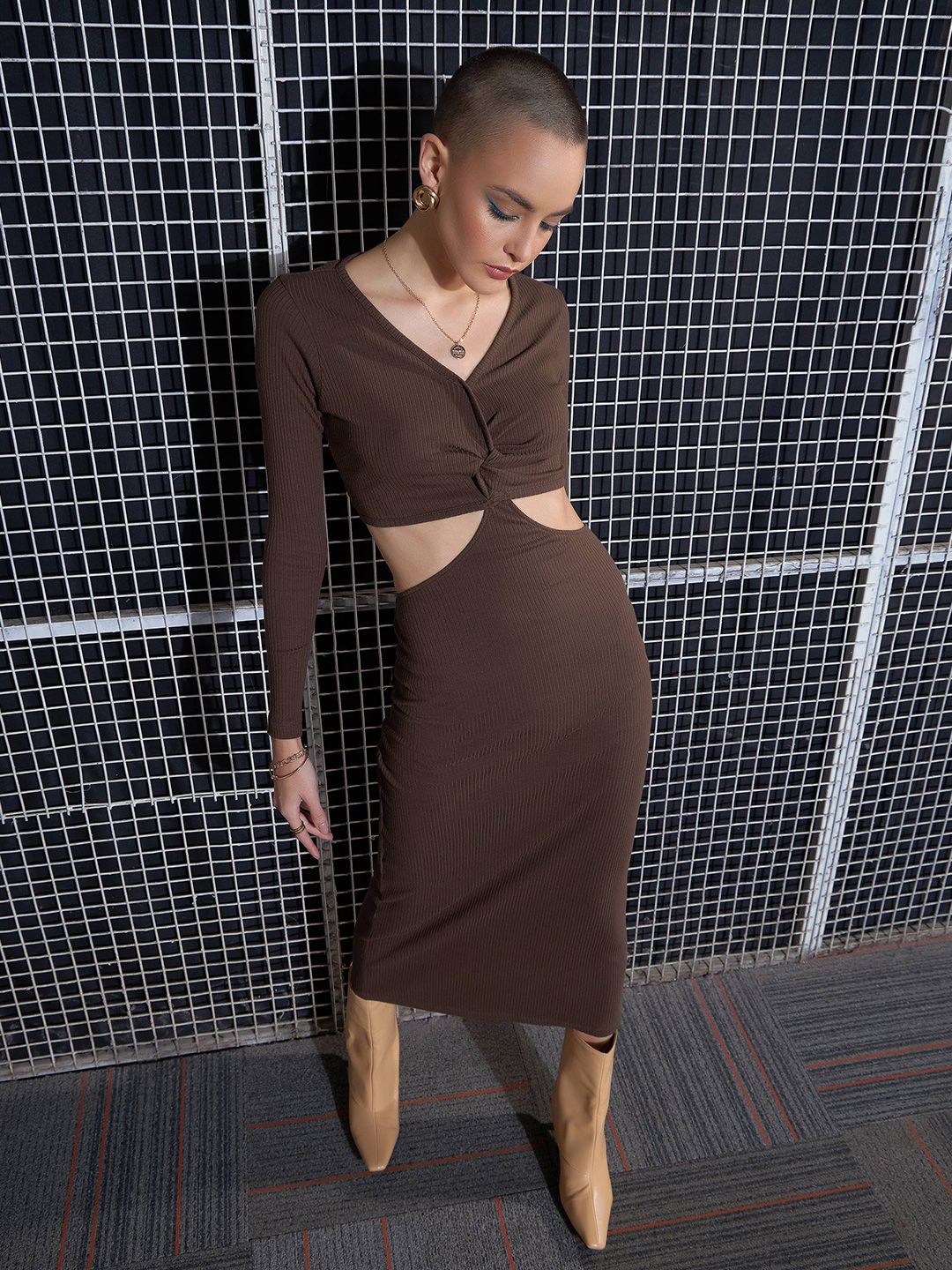 SASSAFRAS Brown Cut-Out Midi Sheath Dress