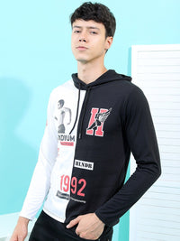 HIGHLANDER Men Black & White Printed Hooded Slim Fit T-shirt