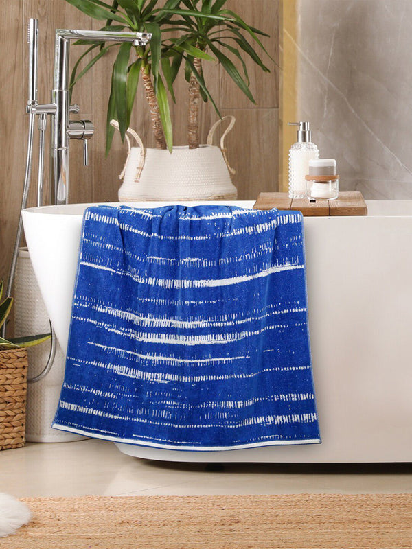 MYTRIDENT Blue & White Striped Printed Cotton 500 GSM Bath Towel