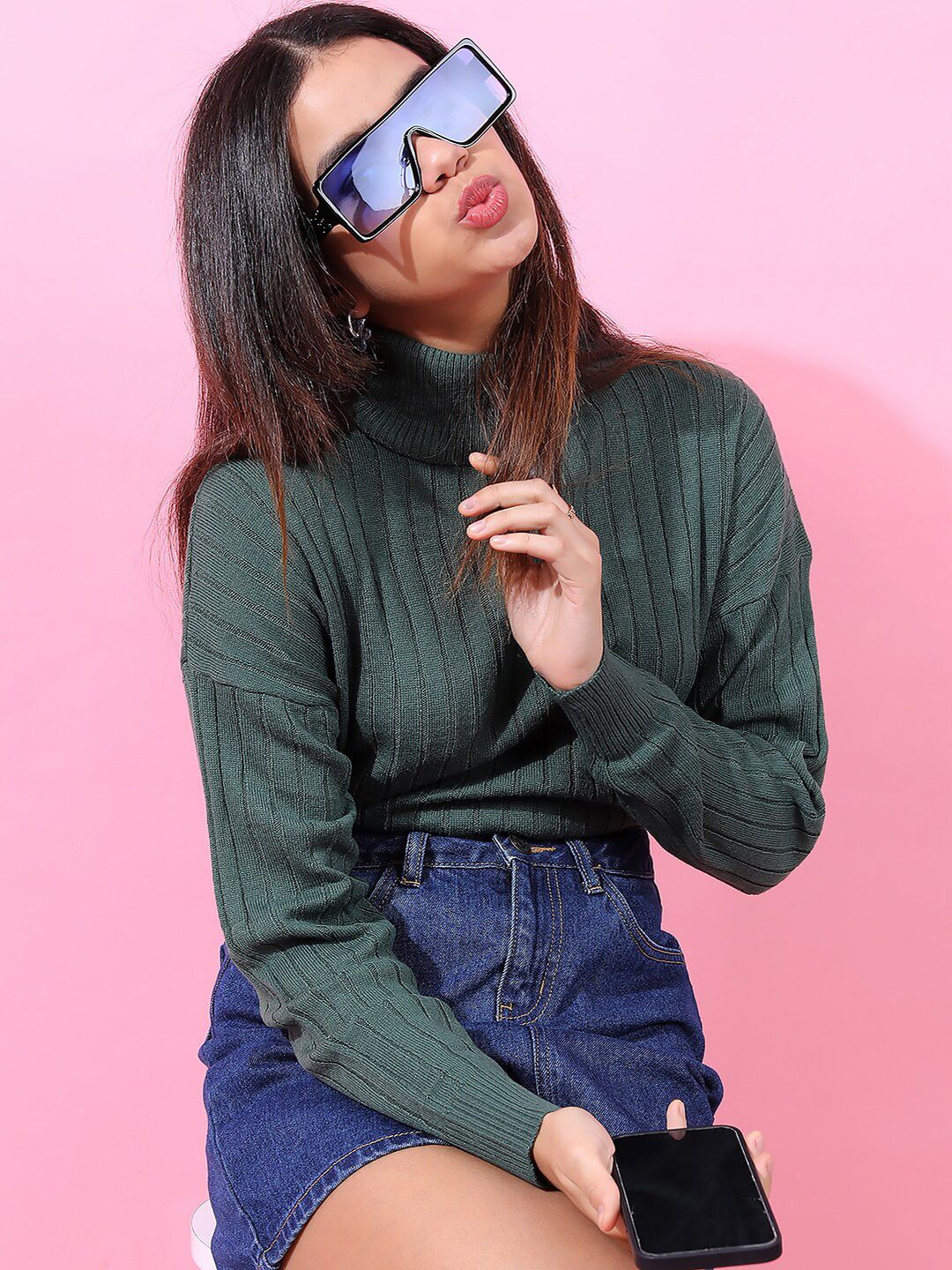 Tokyo Talkies Women Green Ribbed Pullover
