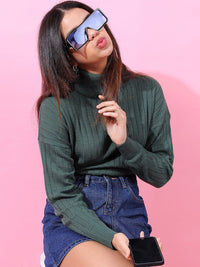 Tokyo Talkies Women Green Ribbed Pullover