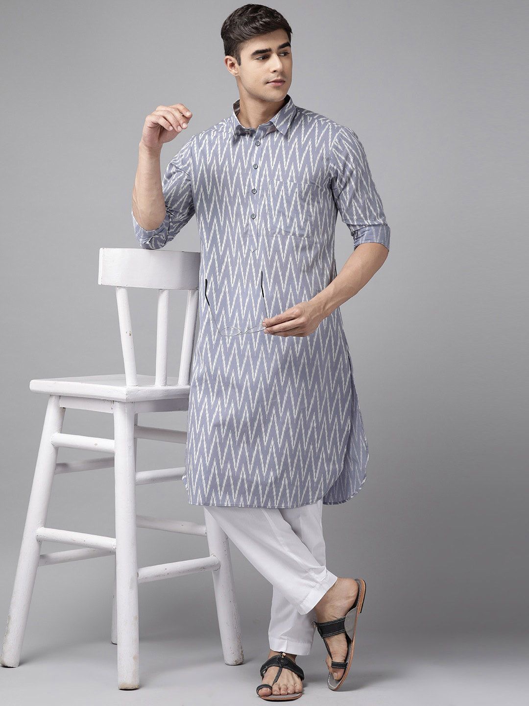 See Designs Geometric Printed Cotton Pathani Kurta
