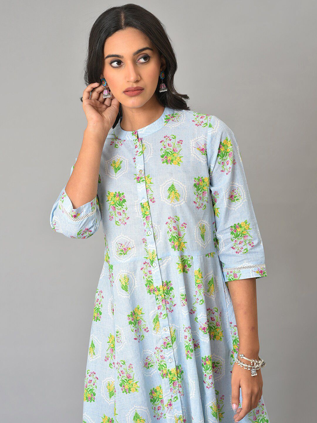 W Floral Printed Mandarin Collar A-Line Pure Cotton Midi Dress