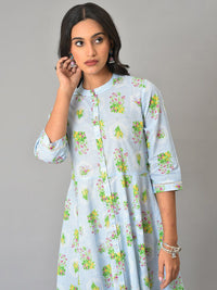 W Floral Printed Mandarin Collar A-Line Pure Cotton Midi Dress