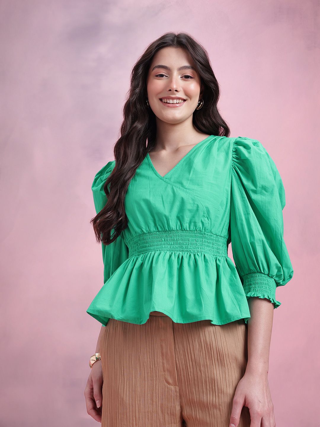 DressBerry Smocked Pure Cotton Peplum Top
