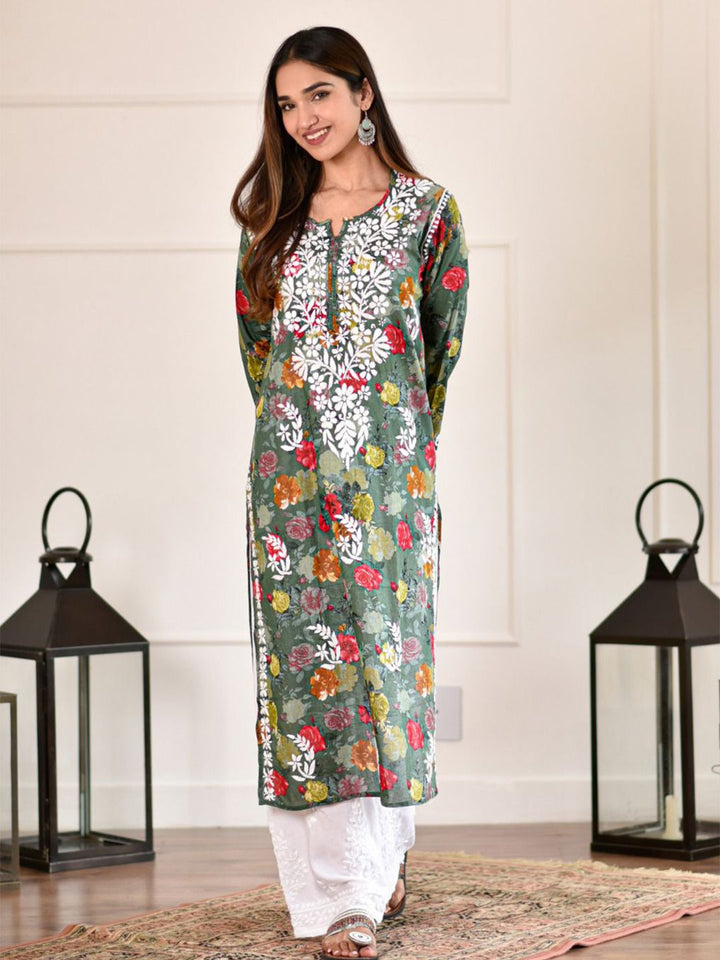 Rumah Wanita Chikankari Kurta Bersulam Mulmul Chikankari Hijau Tua