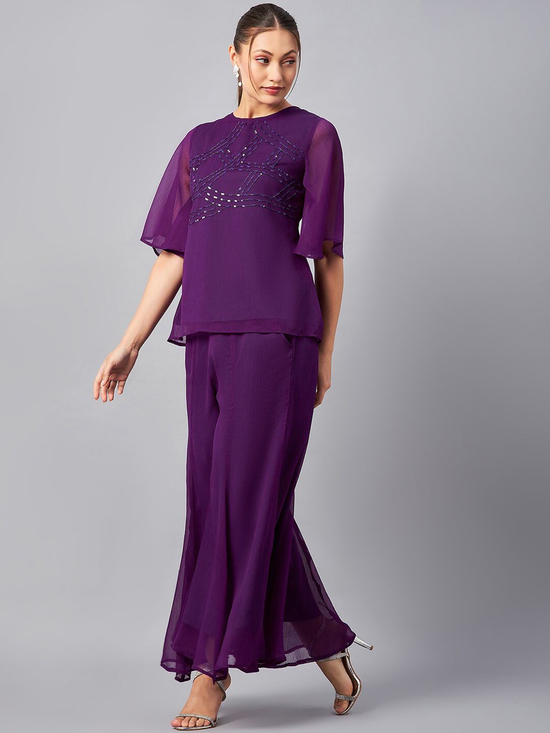 Antheaa Sequin Embroidered Top With Palazzo Co-Ords