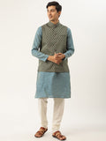 SOJANYA Kurta Motif Etnik Biru & Hijau Lelaki dengan Jaket Churidar & Nehru