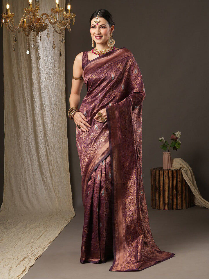 Saree mall Burgundy & Copper-Toned Woven Design Zari Silk Blend Dharmavaram Sarees