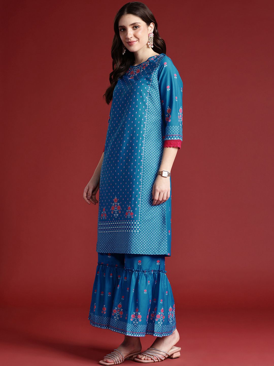 Anouk Women Floral Printed Regular Kurta With Sharara & Dupatta