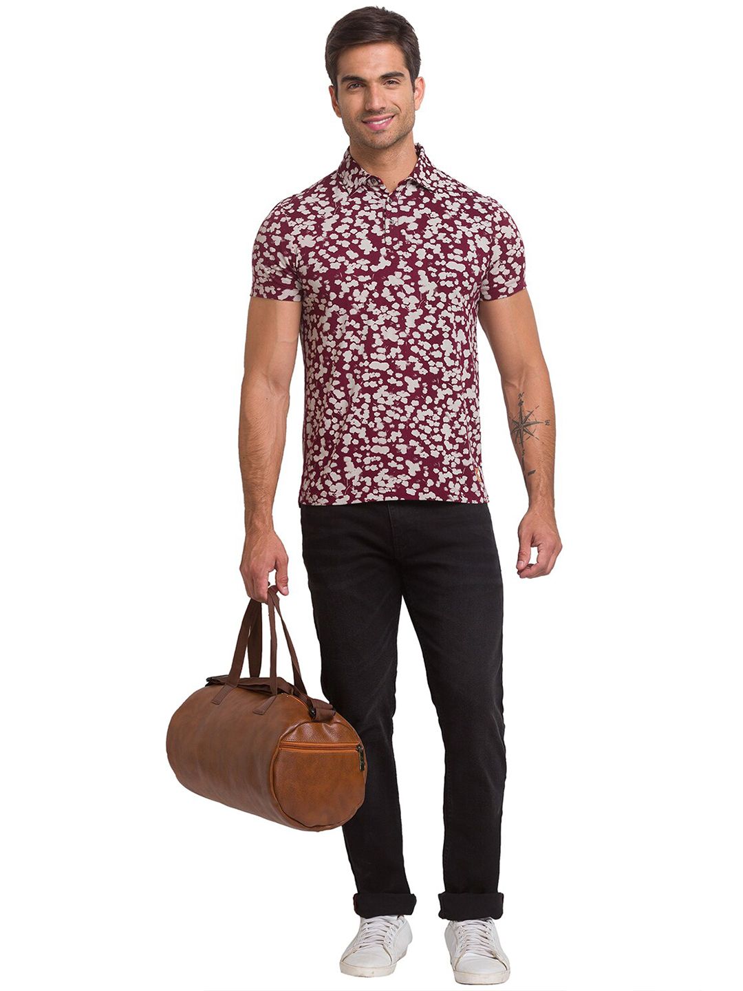 Being Human Men Maroon & White Floral Printed Polo Collar T-shirt